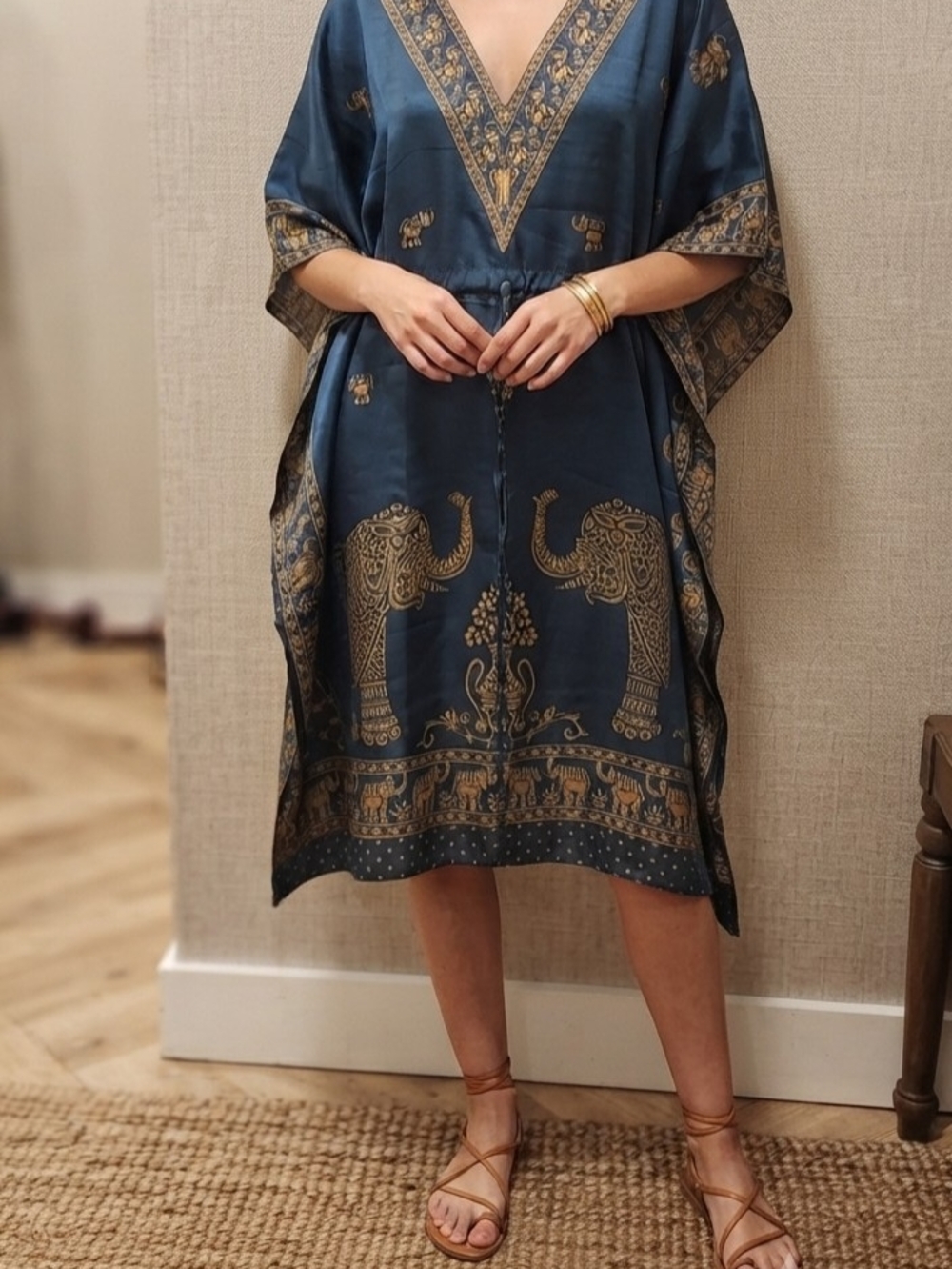 Blue & Gold Elephant Print Caftan Dress